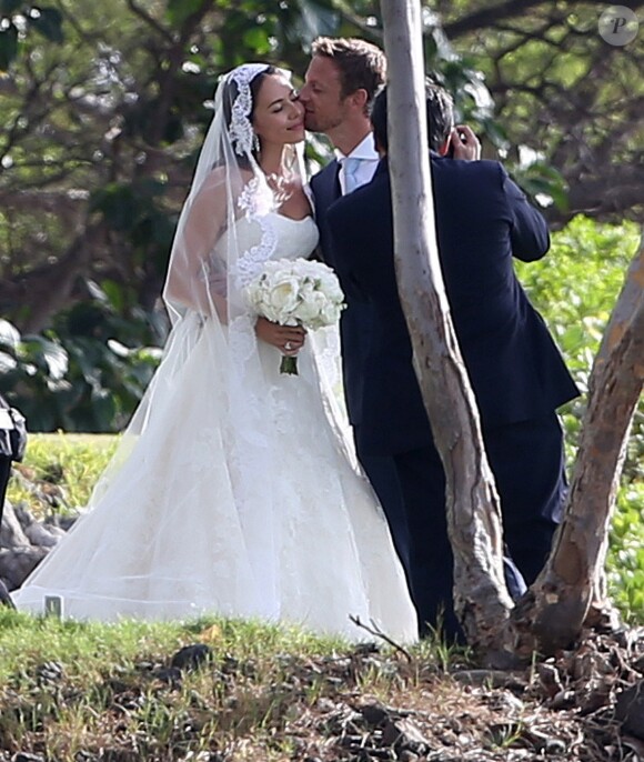 Exclusif - Jenson Button et Jessica Michibata lors de leur mariage à Maui à Hawaï, le 29 décembre 2014. Le couple s'est séparé un an plus tard.