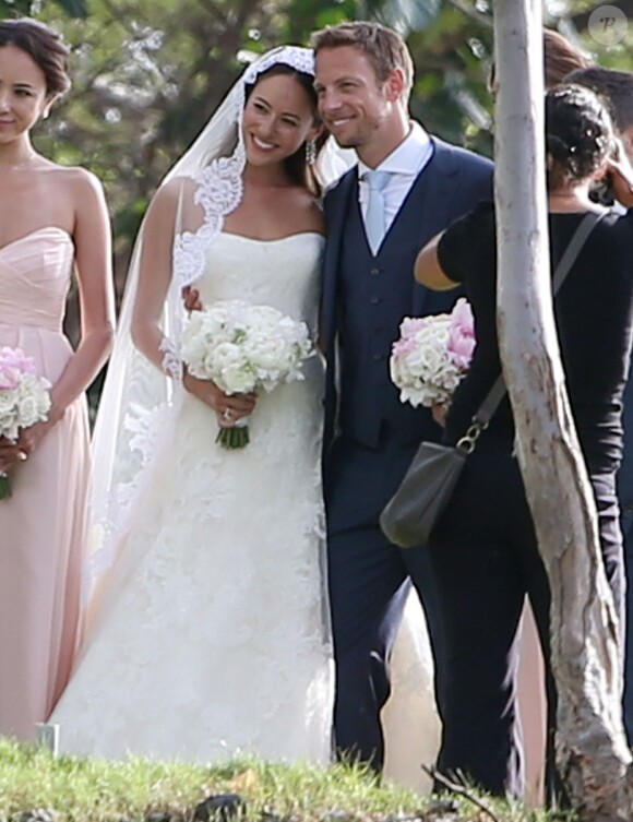 Exclusif - Jenson Button et Jessica Michibata lors de leur mariage à Maui à Hawaï, le 29 décembre 2014. Le couple s'est séparé un an plus tard.