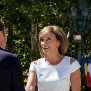 Brigitte Macron (Trogneux), Le président Emmanuel Macron, Le président de la Roumanie Klaus Iohannis et sa femme Carmen Iohannis lors de la cérémonie d'accueil du couple présidentiel français au palais Cotroceni à Bucarest le 24 août 2017. © Pierre Perusseau / Bestimage