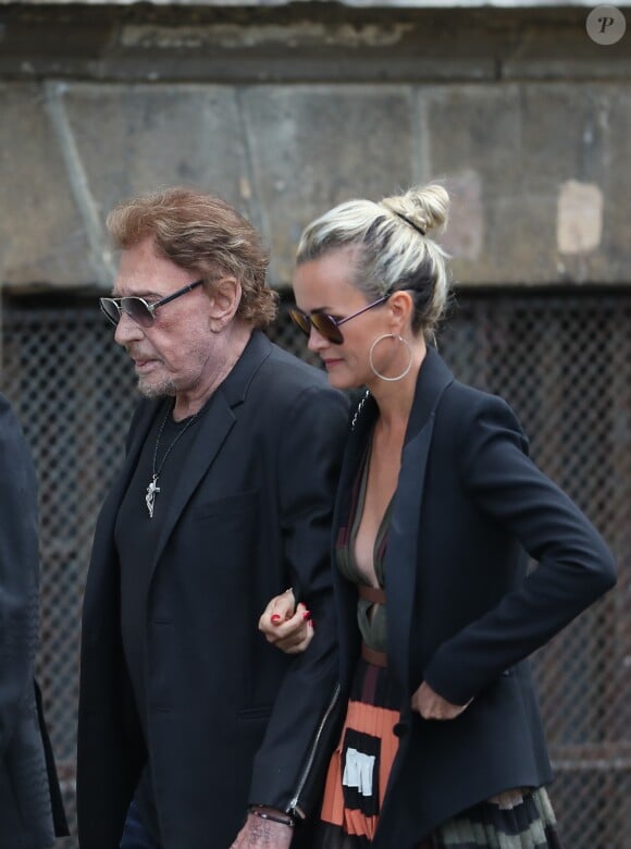 Johnny et Laeticia Hallyday - Obsèques de Mireille Darc en l'église Saint-Sulpice à Paris. Le 1er septembre 2017