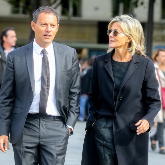 Marc-Olivier Fogiel et Claire Chazal - Arrivées - Obsèques de Mireille Darc en l'église Saint-Sulpice à Paris, France, le 1er septembre 2017.