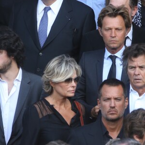 Laurent Delahousse, Guy Martin et sa femme Katherina Marx, Brian Torres - Sorties des obsèques de Mireille Darc en l'église Saint-Sulpice à Paris. Le 1er septembre 2017