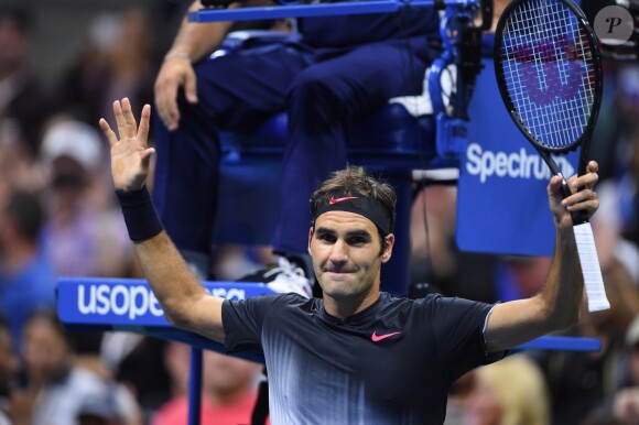 Roger Federer affronte Feliciano López en 32e de finale de l'US Open. New York, le 2 septembre 2017.