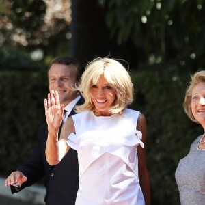 Prokópis Pavlópoulos, Président de la République hellénique, le président Emmanuel Macron, Brigitte Macron (Trogneux) et Vlassia Pavlopoulou-Peltsemi lors de l'accueil du couple présidentiel français par le président de la république hellénique au palais présidentiel à Athènes le 7 septembre 2017. © Dominique Jacovides / Bestimage