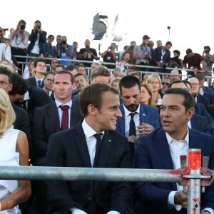 Le président de la République française Emmanuel Macron, sa femme la Première Dame Brigitte Macron (Trogneux), le Premier ministre de la Grèce Alexis Tsipras et sa compagne Betty Batziana - Le président de la République française expose son ambitieux projet de "refondation" pour une Europe plus démocratique sur la colline Pnyx à Athènes, Grèce, le 8 septembre 2017. © Dominique Jacovides/Bestimage