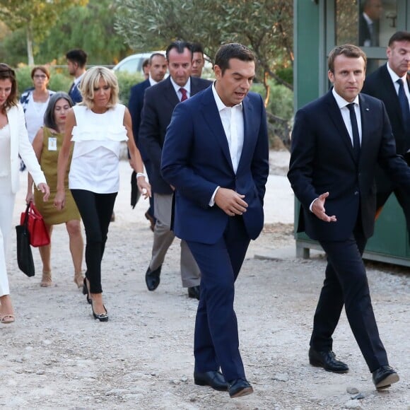 Le président de la République française Emmanuel Macron, sa femme la Première Dame Brigitte Macron (Trogneux), le Premier ministre de la Grèce Alexis Tsipras et sa compagne Betty Batziana - Le président de la République française expose son ambitieux projet de "refondation" pour une Europe plus démocratique sur la colline Pnyx à Athènes, Grèce, le 8 septembre 2017. © Dominique Jacovides/Bestimage