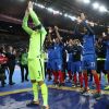 Les joueurs de l'équipe de France manifestent leur joie après leur qualification pour la Coupe du monde 2018 après leur victoire contre la Biélorussie (2-1) au Stade de France à Saint-denis le 10 octobre 2017. © Cyril Moreau/Bestimage