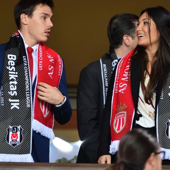 Louis Ducruet et sa fiancée Marie pendant la rencontre de football de Champions League qui oppose l'ASM contre Besiktas au stade Louis II à Monaco le 17 octobre 2017. L'ASM s'incline encore en Ligue des champions sur le score de 2 à 1 Comme le prince Albert qui a laissé la moustache en hommage aux Carabiniers monégasques, ses neveux P. Casiraghi et L.Ducruet ont eux aussi adopté la moustache.  Champions League football match Monaco Vs Besiktas at the Louis II Stadium in Monaco on 17 October 2017. Like Prince Albert who left the mustache in homage to the Monegasque Carabinieri, his nephews P. Casiraghi and L. Ducruet also adopted the mustache.16/10/2017 - MONACO