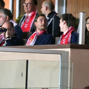 Semi-exclusif - Le prince Albert II de Monaco, Pierre Casiraghi, Louis Ducruet (tous trois moustachus) et sa compagne Marie lors du match de Ligue des Champions entre l'AS Monaco et le Besiktas Istanbul au stade Louis II à Monaco le 17 octobre 2017. © Bruno Bebert / Bestimage