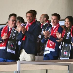 Semi-exclusif - Le prince Albert II de Monaco, Pierre Casiraghi, Louis Ducruet (tous trois portant la moustache en hommage aux Carabiniers du Prince, dont la compagnie fête son bicentenaire) et sa compagne Marie lors du match de Ligue des Champions entre l'AS Monaco et le Besiktas Istanbul au stade Louis II à Monaco le 17 octobre 2017. © Bruno Bebert / Bestimage