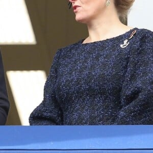 La duchesse Catherine de Cambridge, enceinte, et la comtesse Sophie de Wessex au balcon du bureau des Affaires étrangères à Londres le 12 novembre 2017 pour le Dimanche du Souvenir, commémoration sur le Cénotaphe de Whitehall des soldats tombés au champ d'honneur lors des deux Guerres mondiales.