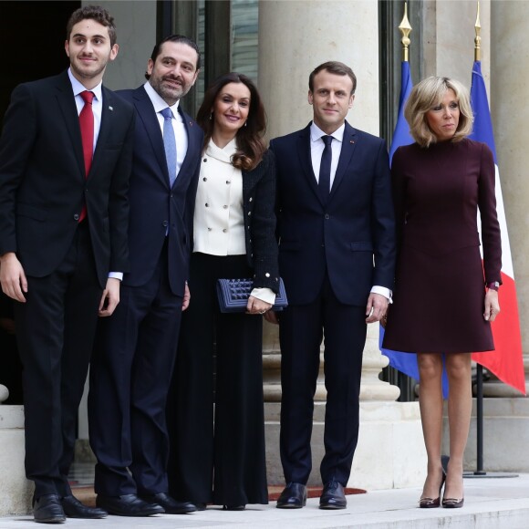 Emmanuel Macron, président de la République Française, et sa femme la première Dame Brigitte Macron reçoivent l'ex-Premier ministre libanais Saad Hariri accompagné de sa femme Lara et de son fils Hussam au palais de l'Elysée. Paris, le 18 novembre 2017. © Stéphane Lemouton/Bestimage