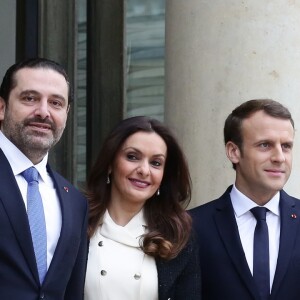 Emmanuel Macron, président de la République Française, et sa femme la première Dame Brigitte Macron reçoivent l'ex-Premier ministre libanais Saad Hariri accompagné de sa femme Lara et de son fils Hussam au palais de l'Elysée. Paris, le 18 novembre 2017. © Stéphane Lemouton/Bestimage