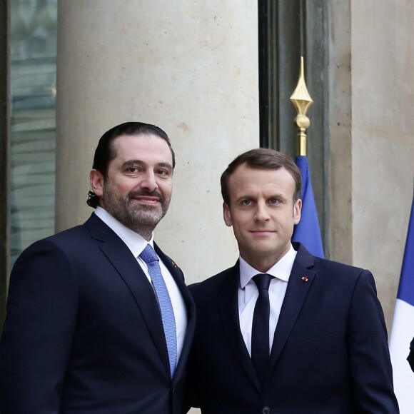 Emmanuel Macron, président de la République Française, et sa femme la première Dame Brigitte Macron reçoivent l'ex-Premier ministre libanais Saad Hariri accompagné de sa femme Lara et de son fils Hussam au palais de l'Elysée. Paris, le 18 novembre 2017. © Stéphane Lemouton/Bestimage