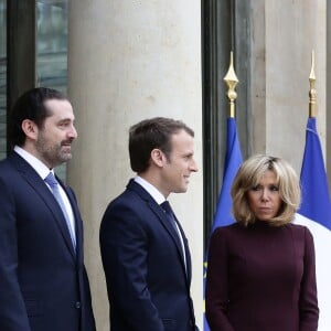 Emmanuel Macron, président de la République Française, et sa femme la première Dame Brigitte Macron reçoivent l'ex-Premier ministre libanais Saad Hariri accompagné de sa femme Lara et de son fils Hussam au palais de l'Elysée. Paris, le 18 novembre 2017. © Stéphane Lemouton/Bestimage