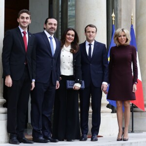 Emmanuel Macron, président de la République Française, et sa femme la première Dame Brigitte Macron reçoivent l'ex-Premier ministre libanais Saad Hariri accompagné de sa femme Lara et de son fils Hussam au palais de l'Elysée. Paris, le 18 novembre 2017. © Stéphane Lemouton/Bestimage