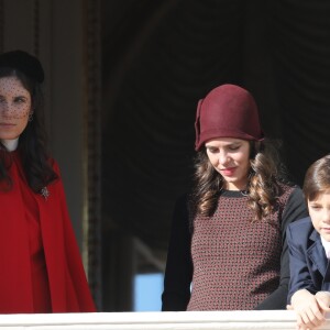 Tatiana Casiraghi (Tatiana Santa Domingo), India Casiraghi, Sacha Casiraghi, Charlotte Casiraghi - La famille princière de Monaco au balcon du palais lors de la fête nationale monégasque, à Monaco, le 19 novembre 2017. © Dominique Jacovides/Bestimage