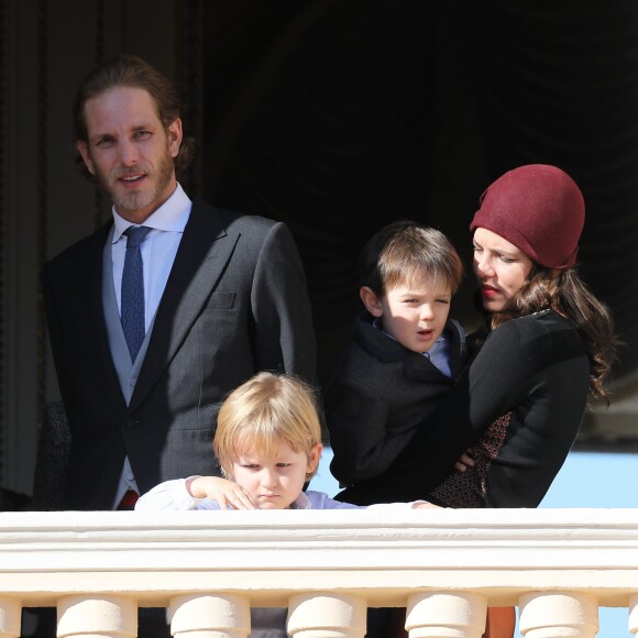 Andrea Casiraghi, Charlotte Casiraghi, son fils Raphaël Elmaleh, Sacha Casiraghi - La famille princière de Monaco au balcon du palais lors de la fête nationale monégasque, à Monaco, le 19 novembre 2017. © Dominique Jacovides/Bestiumage