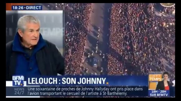 Claude Lelouch explique pourquoi il a filmé avec son smartphone pendant les obsèques de Johnny Hallyday sur BFMTV le dimanche 10 décembre 2017.
