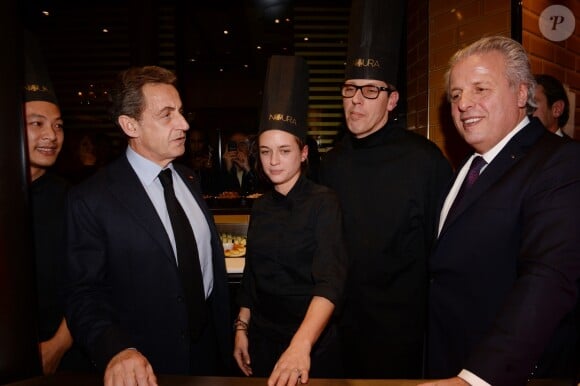 Semi-exclusif - Nicolas Sarkozy et Jean-Paul Bou Antoun (Pdg de la Maison Noura) - Inauguration de la nouvelle table libanaise de la Maison Noura à Paris le 12 décembre 2017. © Rachid Bellak/Bestimage