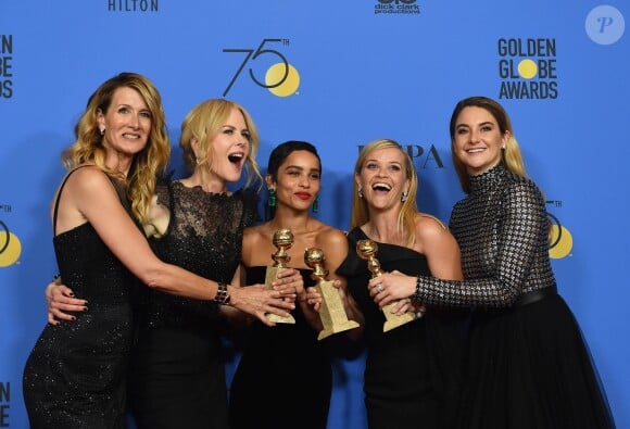 Laura Dern, Nicole Kidman, Zoe Kravitz, Reese Witherspoon et Shailene Woodley dans la press room des Golden Globe Awards au Beverly Hilton Hotel, Los Angeles, le 7 janvier 2018