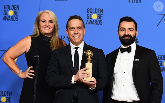 Darla K. Anderson, Lee Unkrich, Adrian Molina dans la press room des Golden Globe Awards au Beverly Hilton Hotel, Los Angeles, le 7 janvier 2018