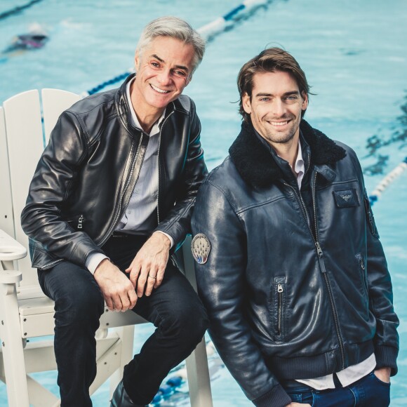 Exclusif - Camille Lacourt et Cyril Viguier à la piscine Molitor le 6 décembre 2017. Camille Lacourt sera l'invité de Cyril Viguier dans "Le Journal des Territoires" le 10 janvier sur Public Sénat. © Cyril Moreau / Bestimage
