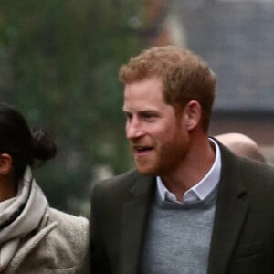 Le prince Harry et sa fiancée Meghan Markle se rendent à la station de radio "Reprezent" dans le quartier de Brixton à Londres le 9 janvier 2018.