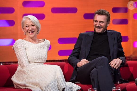 Helen Mirren et Liam Neeson lors du tournage du Graham Norton Show le 18 janvier 2018 - diffusion vendredi 19 janvier sur BBC ONE.