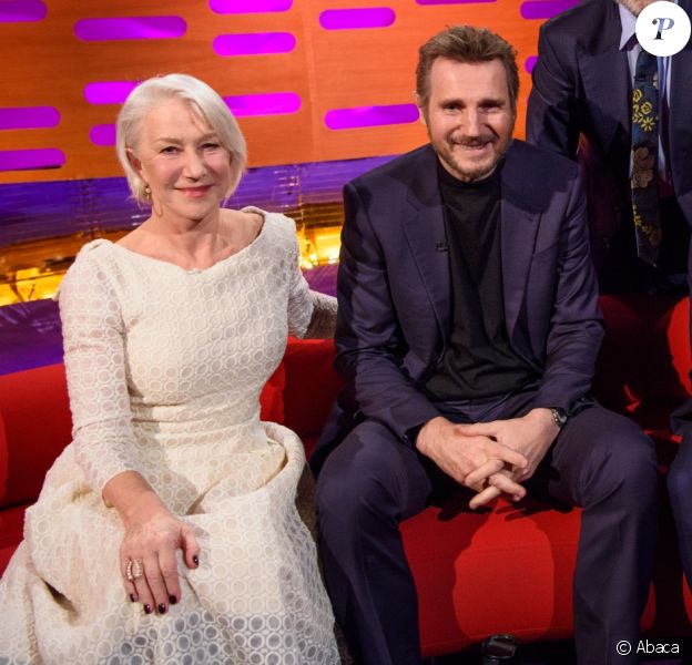 Helen Mirren, Liam Neeson, Graham Norton, Jamie Dornan et Sigrid lors du tournage du Graham Norton Show le 18 janvier 2018 - diffusion vendredi 19 janvier sur BBC ONE.