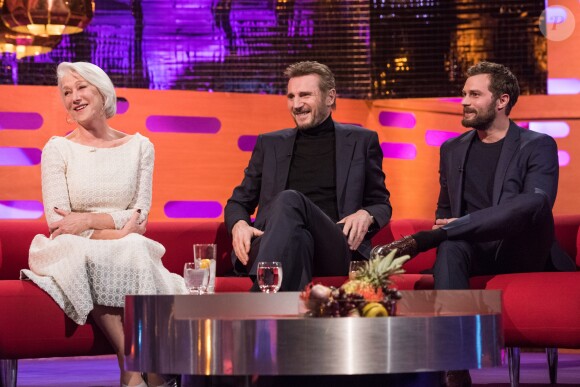 Helen Mirren, Liam Neeson et Jamie Dornan lors du tournage du Graham Norton Show le 18 janvier 2018 - diffusion vendredi 19 janvier sur BBC ONE.