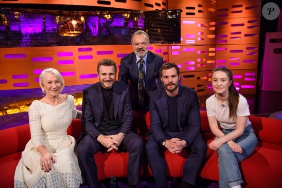Helen Mirren, Liam Neeson, Graham Norton, Jamie Dornan et Sigrid lors du tournage du Graham Norton Show le 18 janvier 2018 - diffusion vendredi 19 janvier sur BBC ONE.