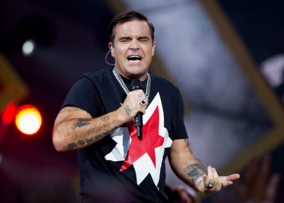 Robbie Williams en concert au stade de Stratford à Londres le 23 juin 2017.