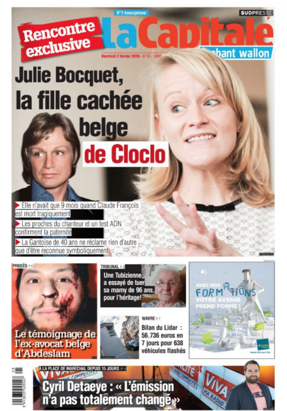 Une du journal belge "La Capitale", 2 février 2018. La fille cachée de Claude François, Julie Bocquet, s'exprime à l'aube des 40 ans de la mort du chanteur.