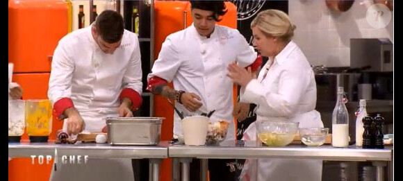 Hélène Darroze et sa brigade lors du quatrième épisode de "Top Chef" diffusé le 21 février 2018 sur M6.