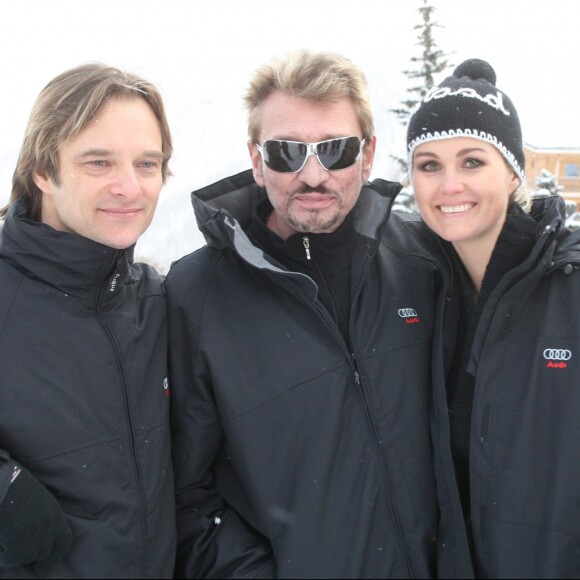 David, Johnny et Laeticia Hallyday au Val d'Isère dans le cadre de la Descente de la Coupe du monde de Ski en février 2008