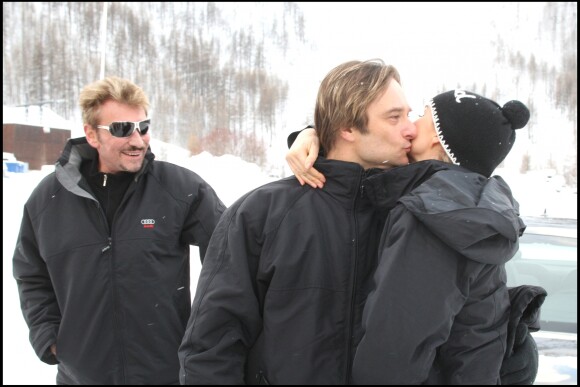 David, Johnny et Laeticia Hallyday au Val d'Isère dans le cadre de la Descente de la Coupe du monde de Ski en février 2008