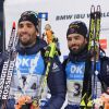 Biathlon : La France remporte le relais messieurs lors de la coupe du monde en Corée avec Simon Desthieux, Martin Fourcade, Simon Fourcade, et Jean Guillaume Beatrix à Pyeongchang le 5 mars 2017.