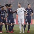 Adrien Rabiot, Dani Alves, Thiago Silva et Sergio Ramos lors du huitième de finale retour de Ligue des Champion, du Paris Saint-Germain contre le Real Madrid au parc des Princes à Paris, France, le 6 mars 2018. Le Real Madrid a gagné 2-1.
