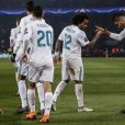 Carlos Enrique Casemiro célèbre son but avec ses coéquipiers Marcelo lors du huitième de finale retour de Ligue des Champion, du Paris Saint-Germain contre le Real Madrid au parc des Princes à Paris, France, le 6 mars 2018. Le Real Madrid a gagné 2-1.