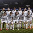 Les joueurs du Real Madrid Costa Rican, Keylor Navas, Sergio Ramos, Raphaël Varane, Casemiro, Karim Benzema, Cristiano Ronaldo, Lucas Vazquez, Mateo Kovacic, Marcelo, Dani Carvajal et Marco Asensio lors du huitième de finale retour de Ligue des Champion, du Paris Saint-Germain contre le Real Madrid au parc des Princes à Paris, France, le 6 mars 2018. Le Real Madrid a gagné 2-1.