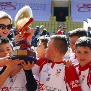 Le prince Albert II de Monaco, la princesse Charlene de Monaco et leurs enfants, le prince Jacques et la princesse Gabriella - 8ème édition du tournoi de rugby Sainte-Dévote au Stade Louis II à Monaco, le 31 mars 2018. © Jean-François Ottonello/Nice Matin/Bestimage