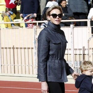 Le prince Albert II de Monaco, la princesse Charlene de Monaco et leurs enfants, le prince Jacques et la princesse Gabriella - 8ème édition du tournoi de rugby Sainte-Dévote au Stade Louis II à Monaco, le 31 mars 2018. © Jean-François Ottonello/Nice Matin/Bestimage