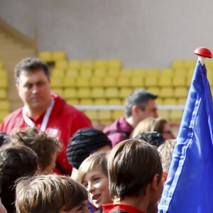 Le prince Albert II de Monaco, la princesse Charlene de Monaco et leurs enfants, le prince Jacques et la princesse Gabriella - 8ème édition du tournoi de rugby Sainte-Dévote au Stade Louis II à Monaco, le 31 mars 2018. © Jean-François Ottonello/Nice Matin/Bestimage