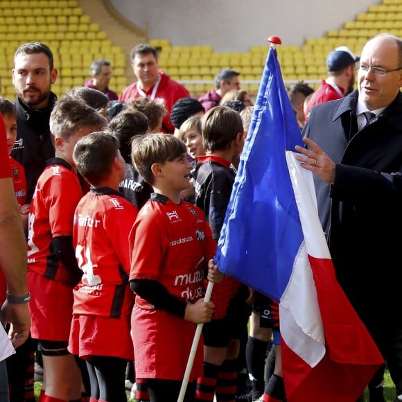 Le prince Albert II de Monaco, la princesse Charlene de Monaco et leurs enfants, le prince Jacques et la princesse Gabriella - 8ème édition du tournoi de rugby Sainte-Dévote au Stade Louis II à Monaco, le 31 mars 2018. © Jean-François Ottonello/Nice Matin/Bestimage