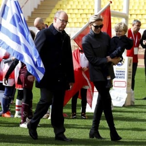 Le prince Albert II de Monaco, la princesse Charlene de Monaco et leurs enfants, le prince Jacques et la princesse Gabriella - 8ème édition du tournoi de rugby Sainte-Dévote au Stade Louis II à Monaco, le 31 mars 2018. © Jean-François Ottonello/Nice Matin/Bestimage