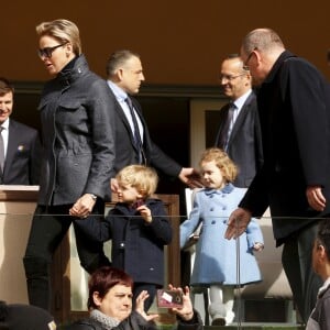 Le prince Albert II de Monaco, la princesse Charlene de Monaco et leurs enfants, le prince Jacques et la princesse Gabriella - 8ème édition du tournoi de rugby Sainte-Dévote au Stade Louis II à Monaco, le 31 mars 2018. © Jean-François Ottonello/Nice Matin/Bestimage