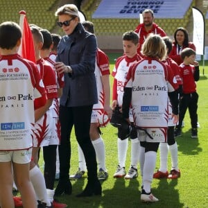 Le prince Albert II de Monaco, la princesse Charlene de Monaco et leurs enfants, le prince Jacques et la princesse Gabriella - 8ème édition du tournoi de rugby Sainte-Dévote au Stade Louis II à Monaco, le 31 mars 2018. © Jean-François Ottonello/Nice Matin/Bestimage