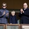 Le prince Albert II de Monaco, la princesse Charlene de Monaco et leur fils le prince Jacques de Monaco - 8ème édition du tournoi de rugby Sainte-Dévote au Stade Louis II à Monaco, le 31 mars 2018. © Jean-François Ottonello/Nice Matin/Bestimage