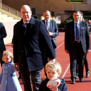 Le prince Albert II de Monaco et ses enfants le prince Jacques et la princesse Gabriella - 8ème édition du tournoi de rugby Sainte-Dévote au Stade Louis II à Monaco, le 31 mars 2018. © Jean-François Ottonello/Nice Matin/Bestimage